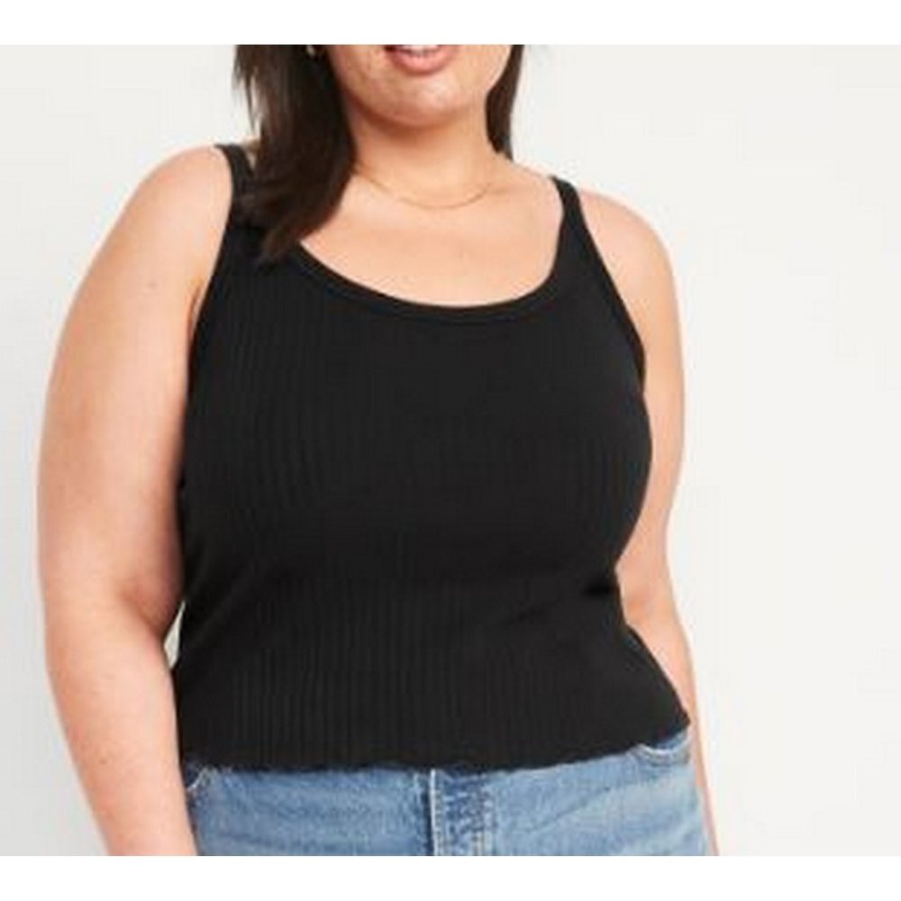 Old Navy Fitted Cropped Tank Top XXL Black Lettuce-Edge Rib-Knit